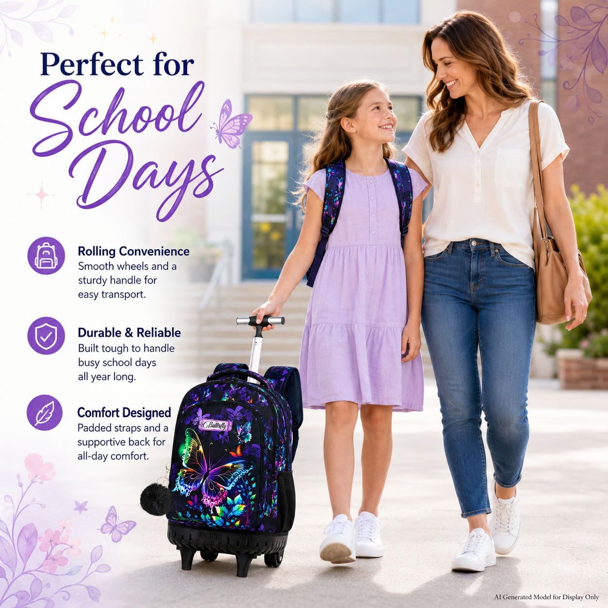 Mochila con ruedas de 3 piezas para niñas y mujeres, mochila con ruedas para niños, juego de mochilas con ruedas de mariposa para niños pequeños de primaria (negro), Negro mariposa, 48,26 cm,