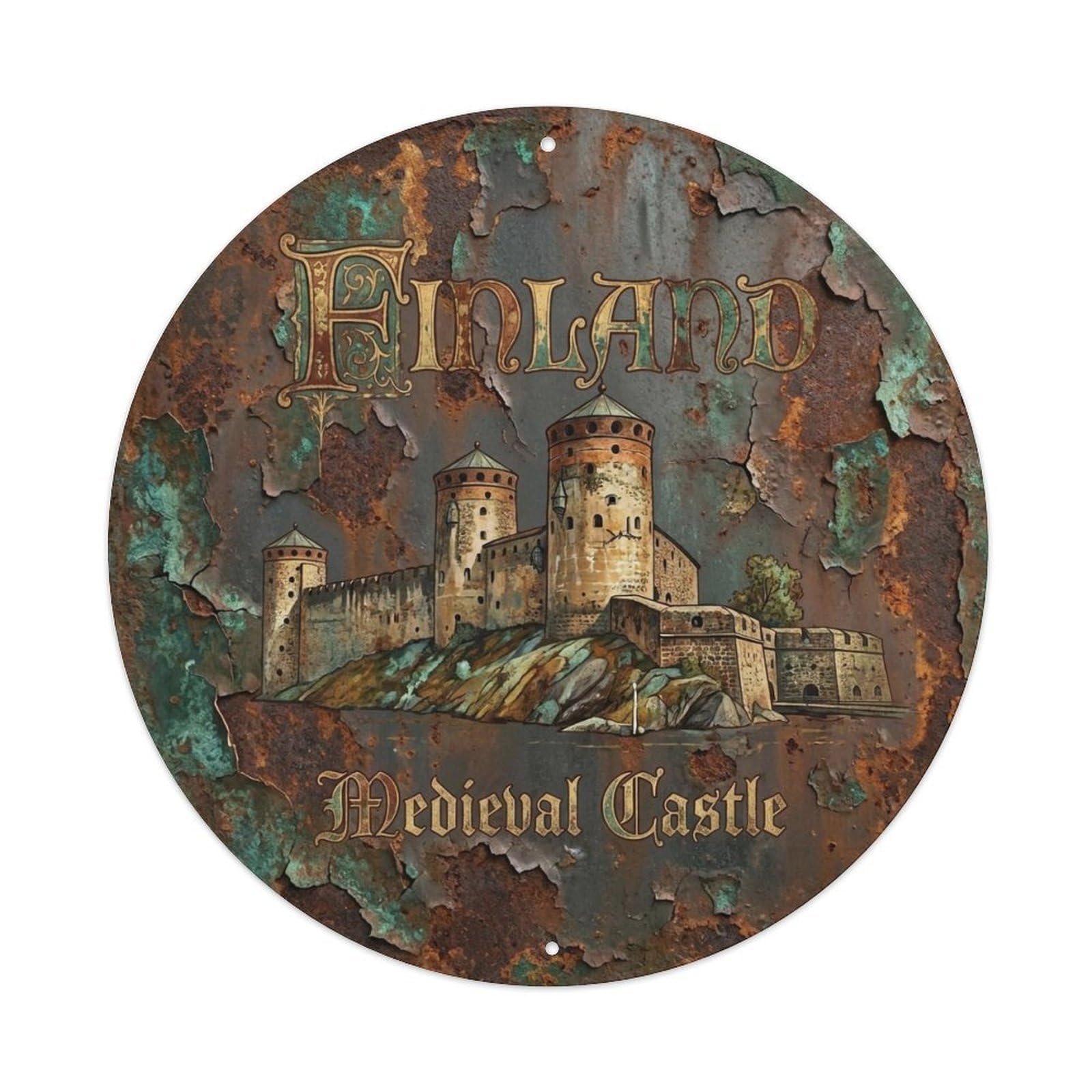 Vintage Travel Finland Medieval Metal Tin Sign Plaque Wall Decor for Cafe, Club, Garden Round Metal Poster 8x8Inch