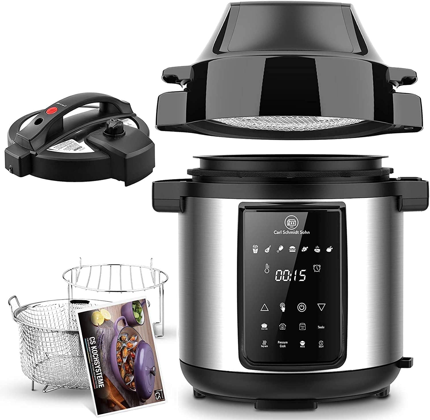 CSS 6Qt Pressure Cooker & Air Fryer Combos - All-in-One Multi-Cooker with Pressure & Air Fryer Lid, Steamer Cooker, LED Touchscreen, Air Fryer with 3-Qt Air Fry Basket, Rice Cooker with Free Recipe