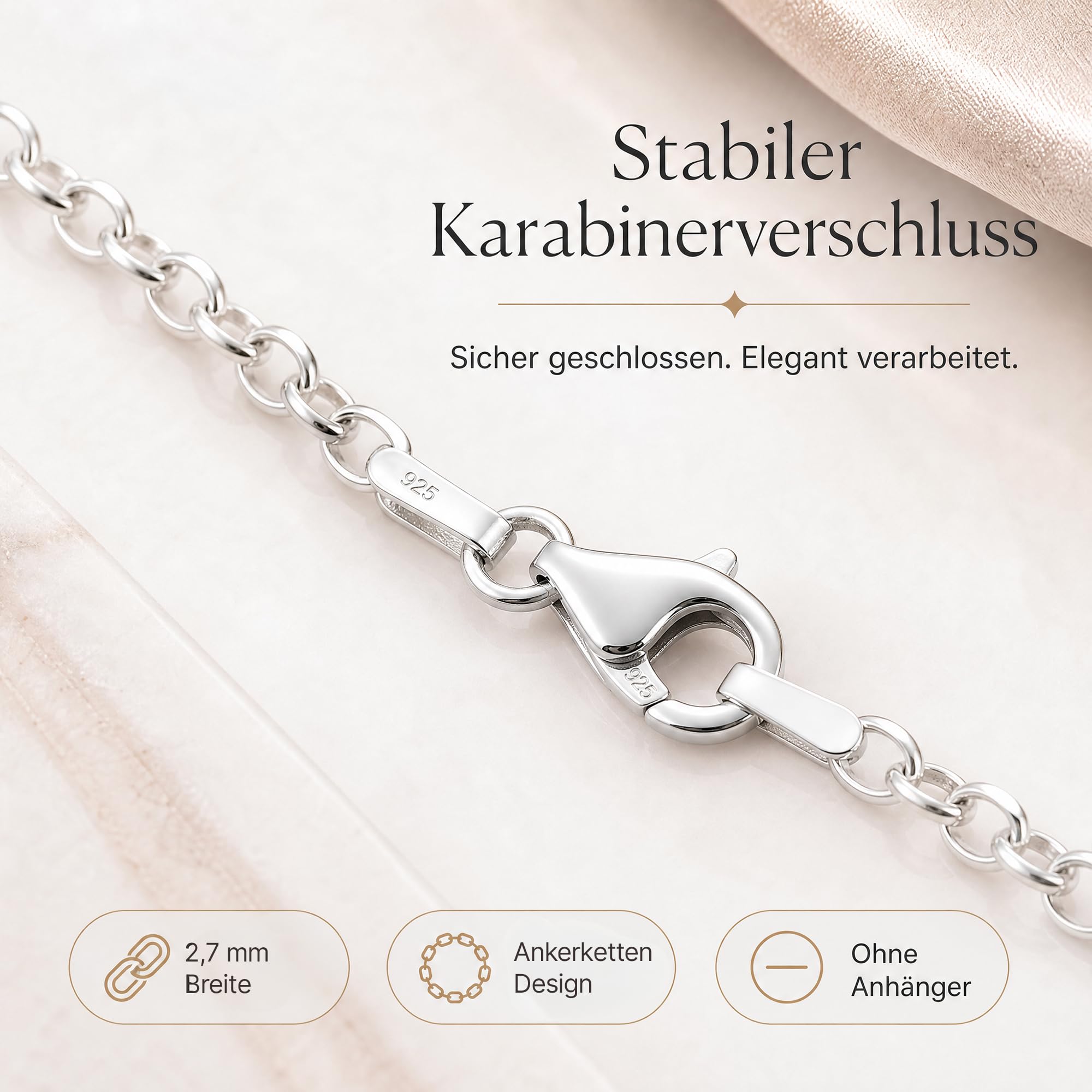 Ankerkette 925 Silber Kette Damen Halskette 2,7 mm 101032-0 | Silberkette etwas breitere Glieder in den Längen 42 45 50 60 70 80 90 100 cm verfügbar