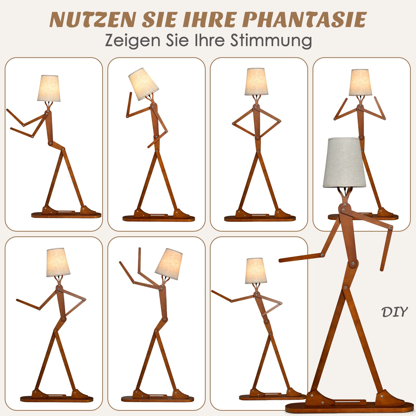 COSTWAY Geile Poseable Art Figure Stehlampe aus Holz, Lustige Stehleuchte, dekorative humanoide Eckleuchte mit verstellbaren Gelenken, Leselampe im kreativen Kunststil für Wohnzimmer & Schlafzimmer