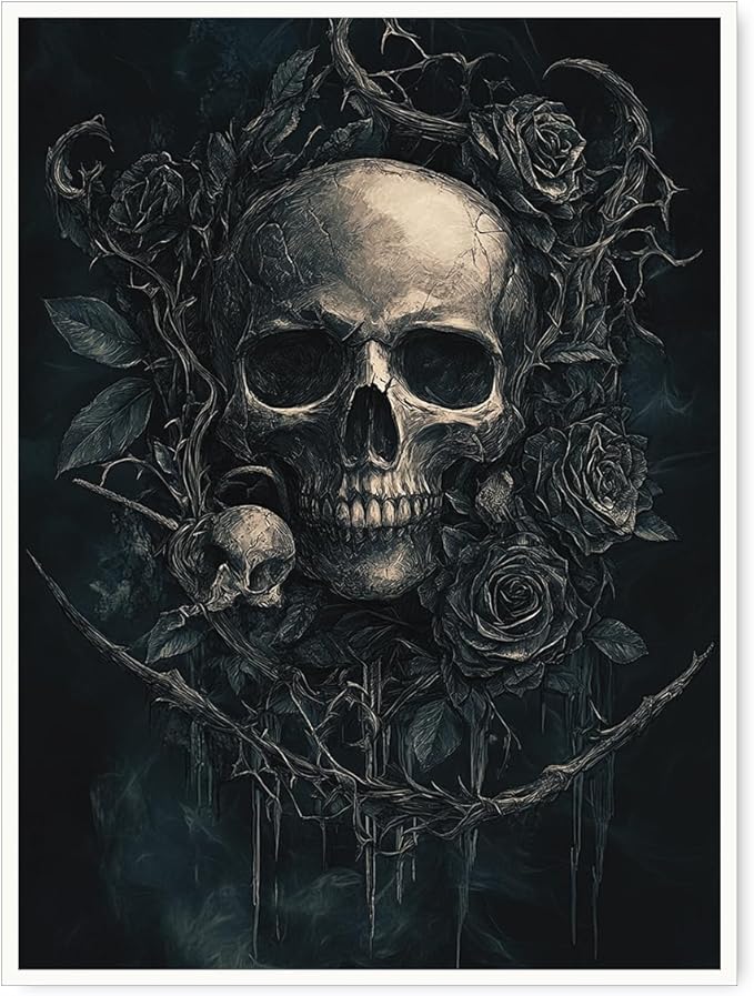 Dark Skull and Rose Wall Art – Gothic Floral Skull Canvas Print with Thorns and Vines, Moody Black Aesthetic Poster for Bedroom or Occult Wall Decor 12x16in Unframed