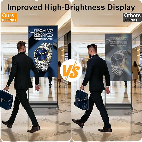 55 4K Inch Floor Standing Digital Signage, 1000nits High Brightness Advertising Display, Digital Signage with CMS/U-Disk Plug&Play, Split Screen, 7/24 Timer Switch,HDMI/USB/WiFi/Android OS