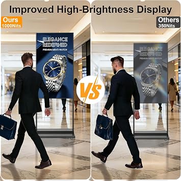 55 4K Inch Floor Standing Digital Signage, 1000nits High Brightness Advertising Display, Digital Signage with CMS/U-Disk Plug&Play, Split Screen, 7/24 Timer Switch,HDMI/USB/WiFi/Android OS