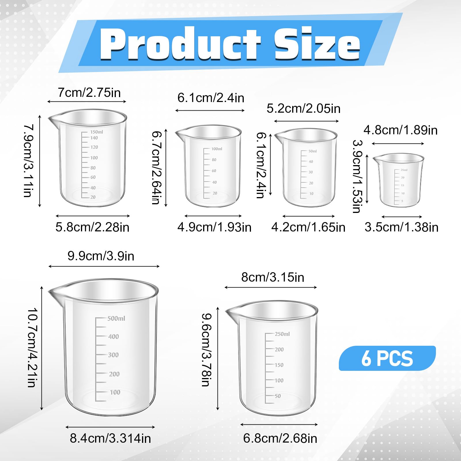 6 szt. plastikowej zlewki, 6 rozmiarów, przezroczysty kubek z miarką PP, kubek do mieszania laboratoryjnych kubków pomiarowych w 500 ml/250 ml/150 ml/100 ml/50 ml, pojemność 25 ml do