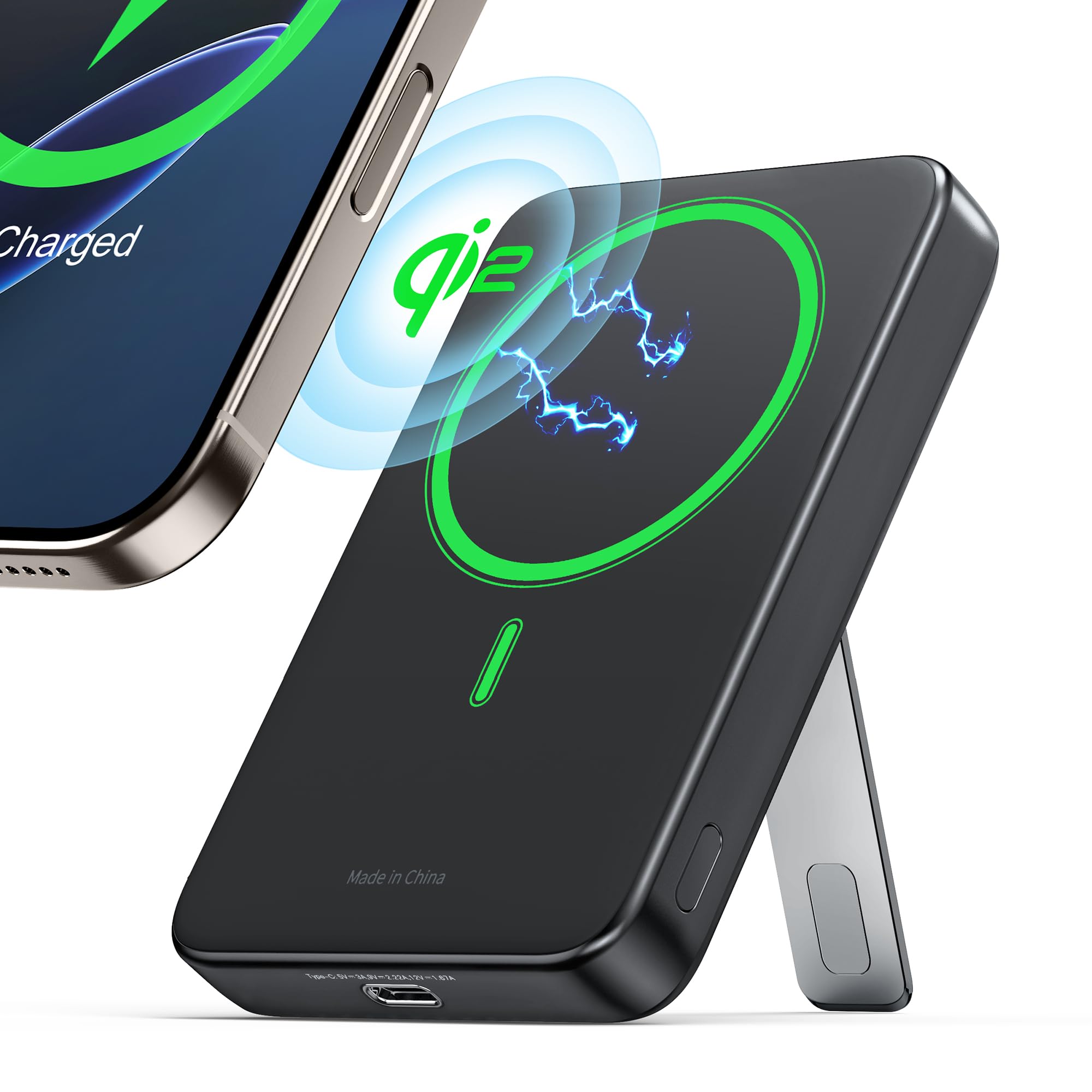 RORRY for Magsafe Charger Portable, Qi2 Certificated 10,000mAh Fast Charging Magnetic Power Bank, 20W USB C Wireless Battery Pack for iPhone with Foldable Stand, Compatible with iPhone 16/15/14