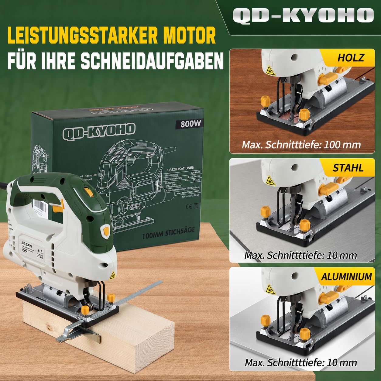 Stichsäge 800 W mit Laser und LED, 6 Geschwindigkeiten, 4 Pendelstufen, 100 mm Holz und 10 mm Metall, 45° Gehrungsschnitt, T-Schaft Schnellwechsel