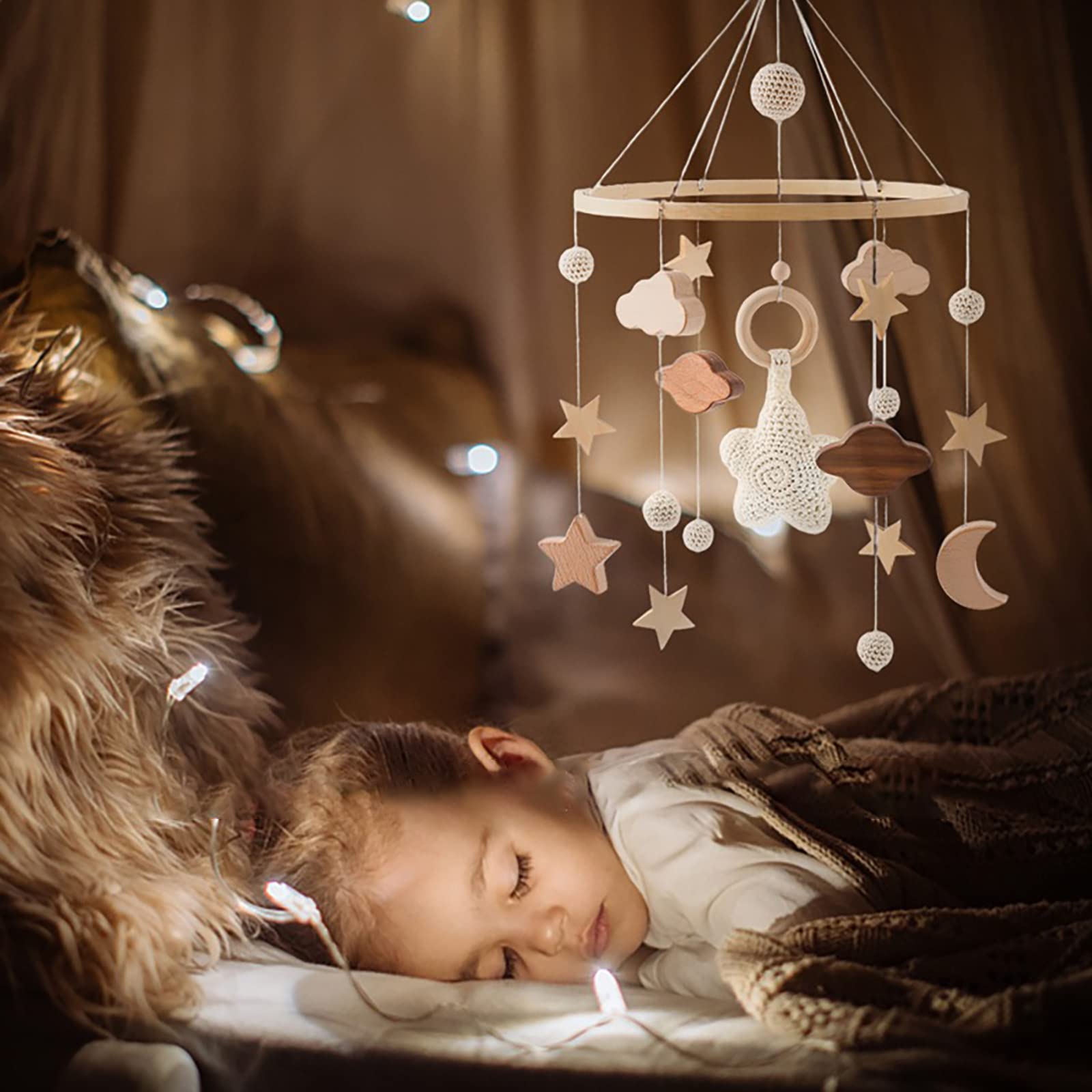 Babybett Mobile Baby Windspiel, Mobile Baby Holz mit Filzbällen und Wolken Ornament Kinderzimmer Hängende Bettglocke Geschenk für Baby Mädchen oder Jungen, Rassel Spielzeug, Beige A