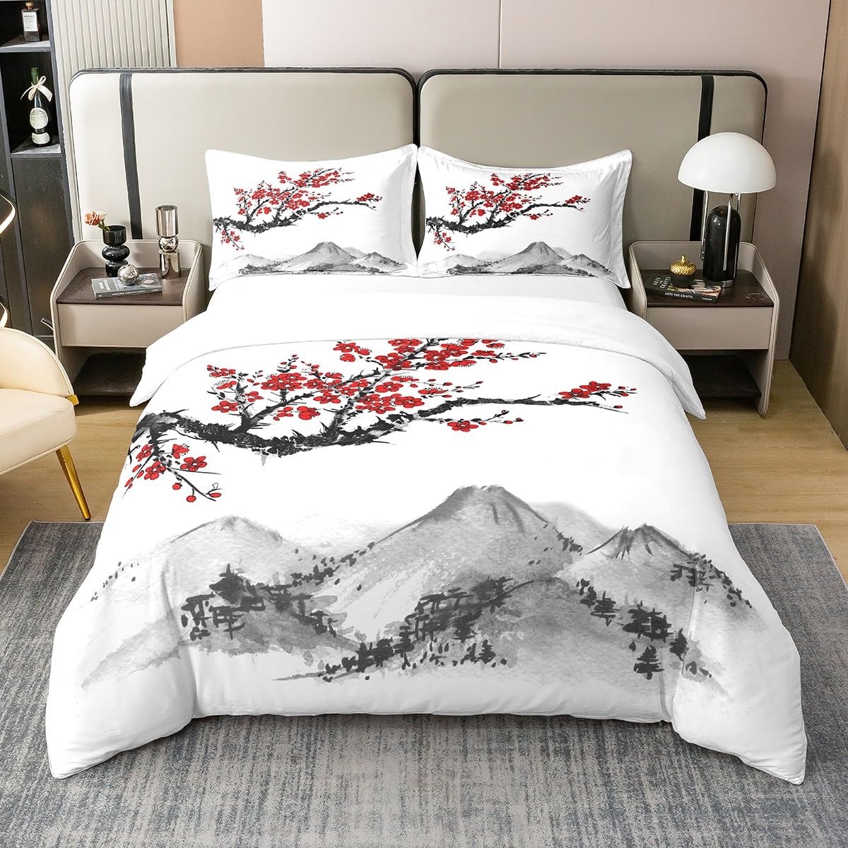 Homewish Coton, Housse de Couette 200x200 Style Japonais, Ensemble de Literie Imprimé de Fleurs de Cerisiers Rouges pour Adultes Femmes Ados, Parure de Lit Peinture À L'Encre du Mont Fuji