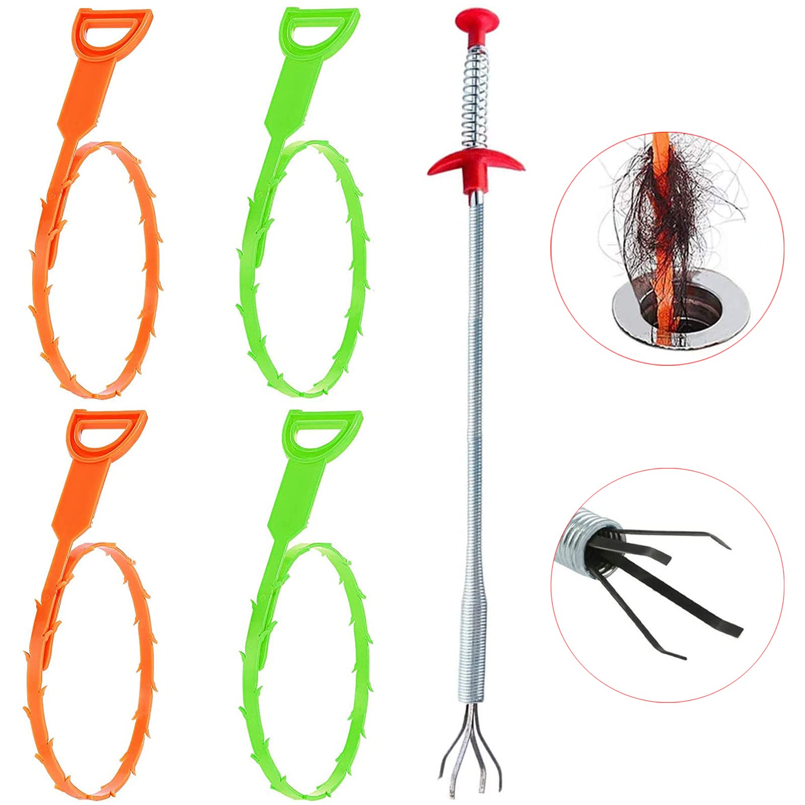 Snake Drain Clog Remover, Goodbey to Clogged Drains with Powerful Drain Snake Clog Remover Kit Drain Hair Catcher Plumbing Snake Plastic Drain Snake x4 Metal Drain Clog Remover Catcher x1