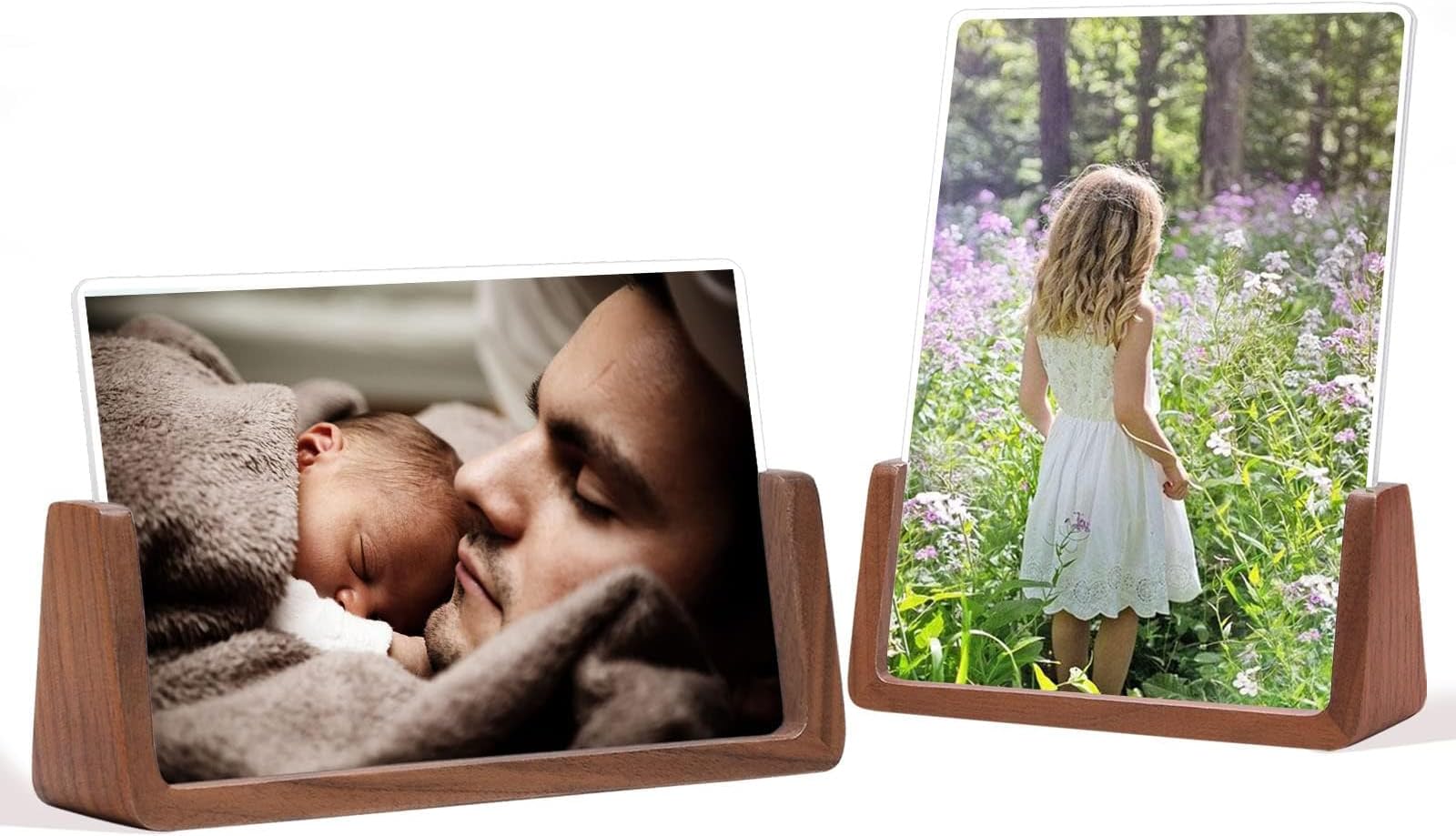 2PCS 5X7 Walnut Wooden Horizontal Vertical Picture Frame, Double Sided Acrylic Glass Photo Frame Brown Photo Frame Horizontal Vertical Photos for Table Top or Desktop Display, Gift for Family Partner