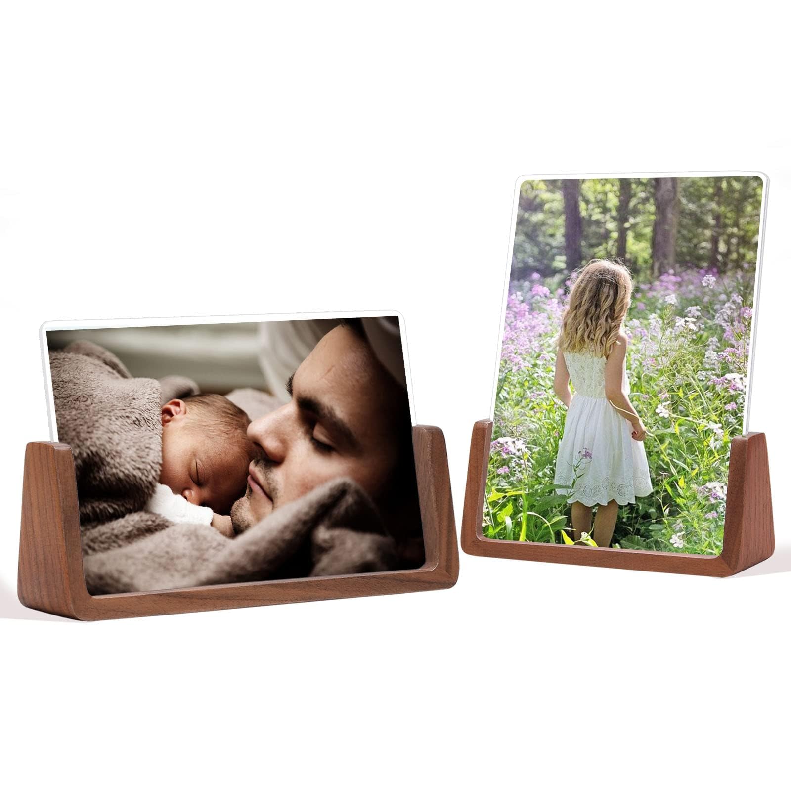 2PCS 5X7 Walnut Wooden Horizontal Vertical Picture Frame, Double Sided Acrylic Glass Photo Frame Brown Photo Frame Horizontal Vertical Photos for Table Top or Desktop Display, Gift for Family Partner