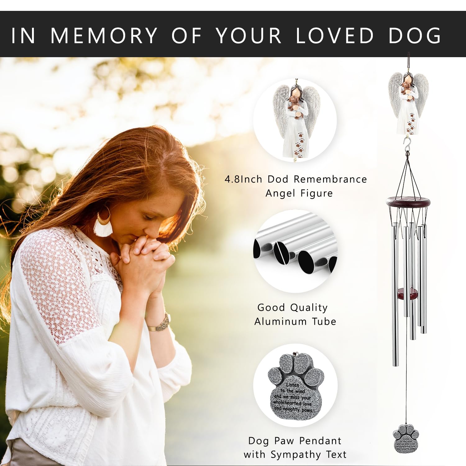 Personalized Memorial Wind Chimes – 35" Sympathy Gift For Loss Of Dog Or Loved One – DIY Keepsake With Glass Bottle – Healing Bereavement Gift