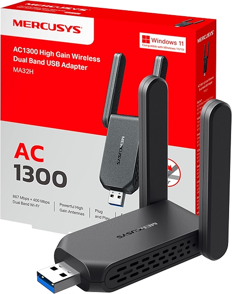 Mercusys TP-Link MA32H WiFi USB AC1300Mbps, фиксированный WiFi донгл для ПК, 2 антенны высокого усиления, двухдиапазонный 5 ГГц/867 Мбит/с + 2,4 ГГц/400 Мбит/с, USB 3.0, MU-MIMO, WPA3, поддерживает Windows 10