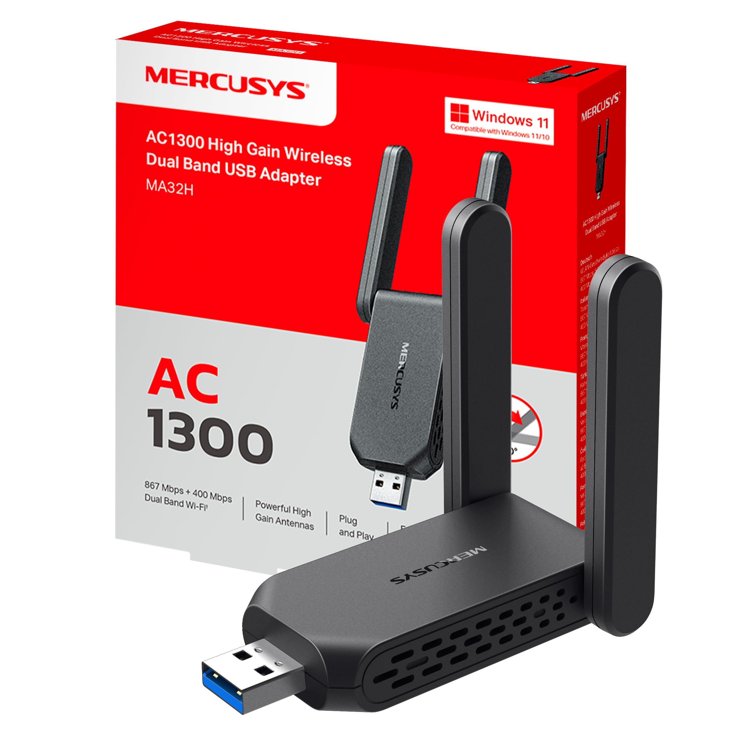 Mercusys MA32H Adaptador USB Wi-​Fi de Alta Ganancia AC1300 de Doble Banda (5 GHz y 2,​4 GHz), con Antenas externas, Compatible con Windows 10 y 11, Seguridad WPA3, USB 3.0