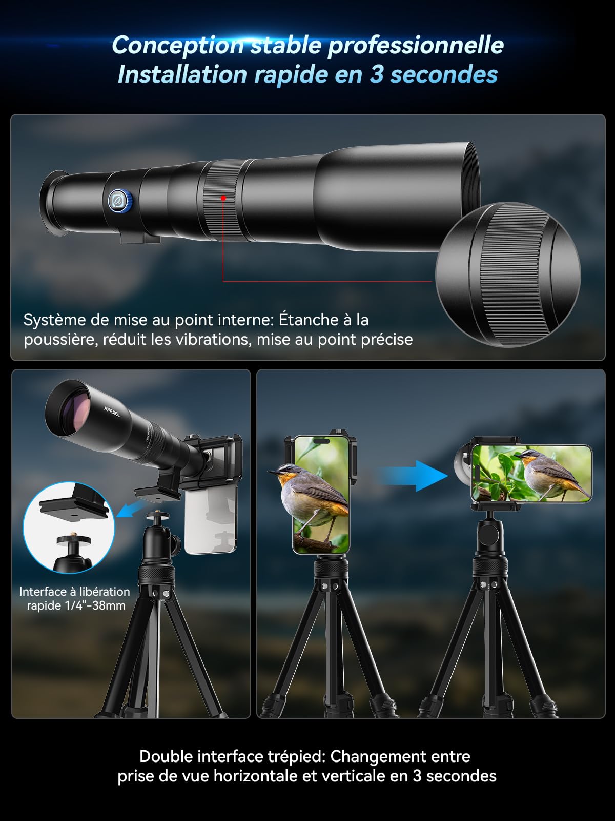 Apexel 50X Super Téléobjectif, Focale de 720mm, Capture Professionnelle et Artistique pour la Faune, Le Sport, Les Concerts
