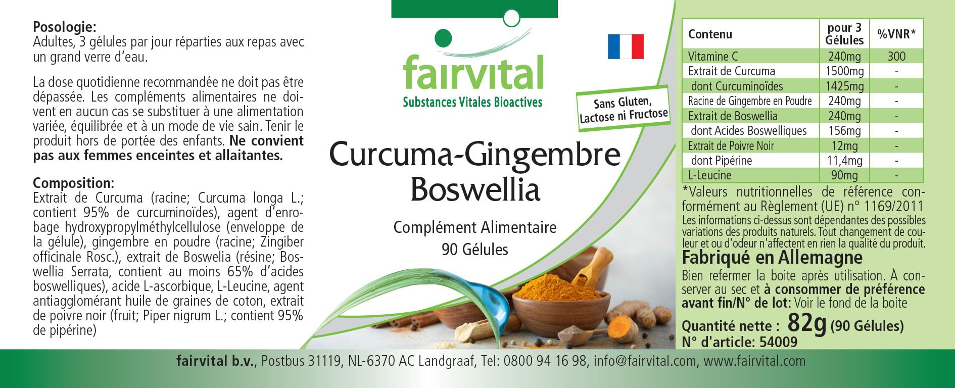 fairvital Curcuma, zenzero e boswellia con vitamina C, 90 capsule, vegane, con estratto di pepe nero