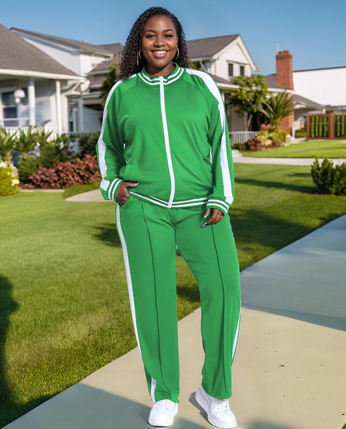 UOUA Women's Plus Size Jogging Suit 2 Piece Sweatsuit Long Sleeves Jacket & Pants Two Piece Track Set Outfit - Image 3