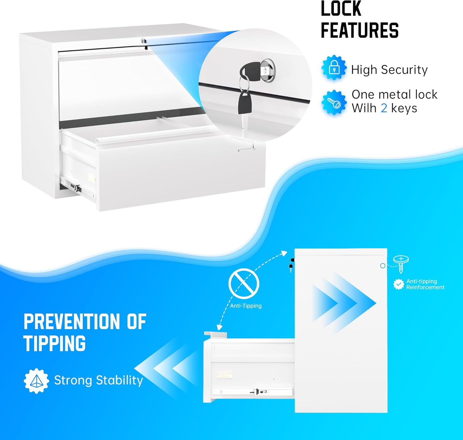 Greenvelly 2 Drawer File Cabinet, White Lateral File Cabinet with Lock, Filing Cabinet for Home Office, Lockable File Cabinets for Legal/Letter/A4/F4 Size with Hanging Files&Key