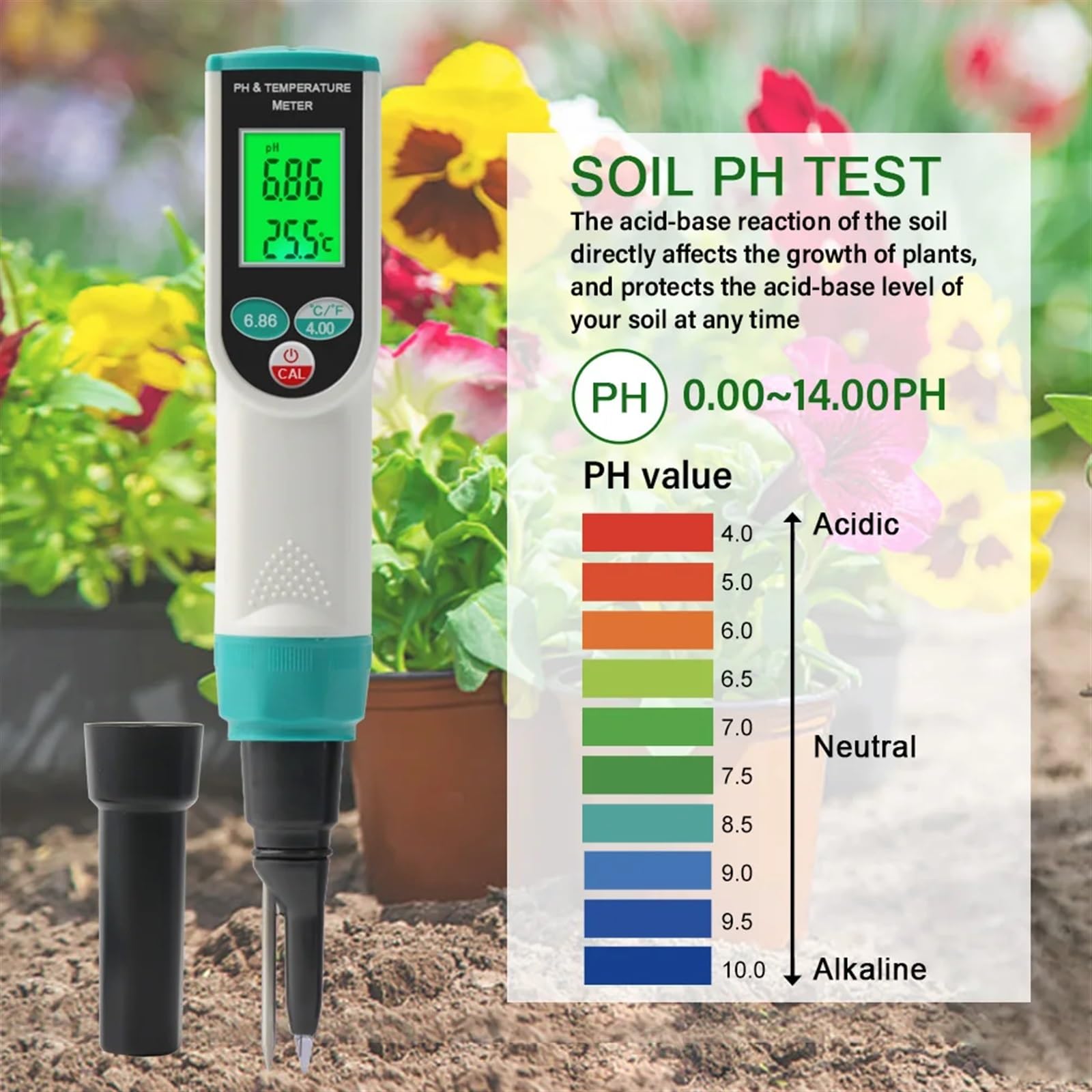 Misuratore PH del suolo di precisione 0,00~14, pH Analizzatore digitale sensore tester dell'acidità della temperatura for la semina all'aperto terreni agricoli da giardino Giardinaggio, Agricoltura