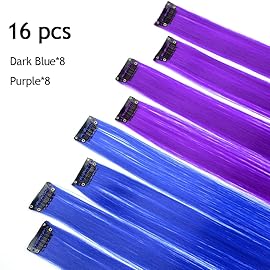 16Pcs Color Clip in Hair Extensions Purple Blue Multiple Color Hair 20inch Colorful Straight Fashion Clip on Hairpieces for Girls Women(Purple + Blue)