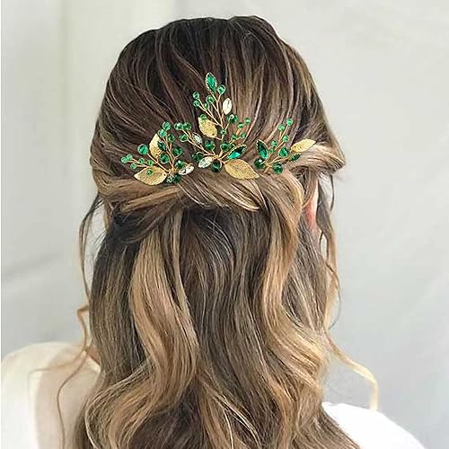 Miniatura 3 de Horquillas de cristal para el cabello de boda, con diamantes de imitación verde esmeralda, hoja dorada, vid, accesorios para fiestas, mujeres y