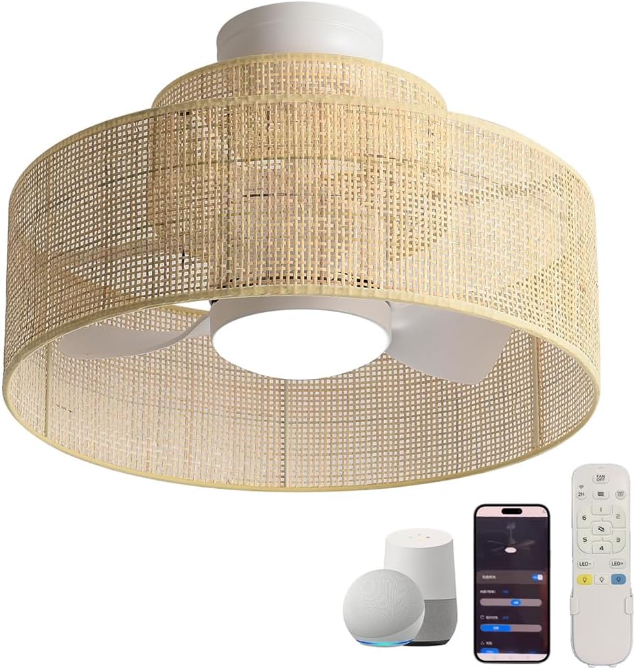 20” Bamboo Smart DC Dimmable Ceiling Fan with Light and Remote Control,Boho Wooden Wood Flush Mount Wicker Cage Bohemian Rattan Fandelier for Indoor Kitchen Bedroom Brown2