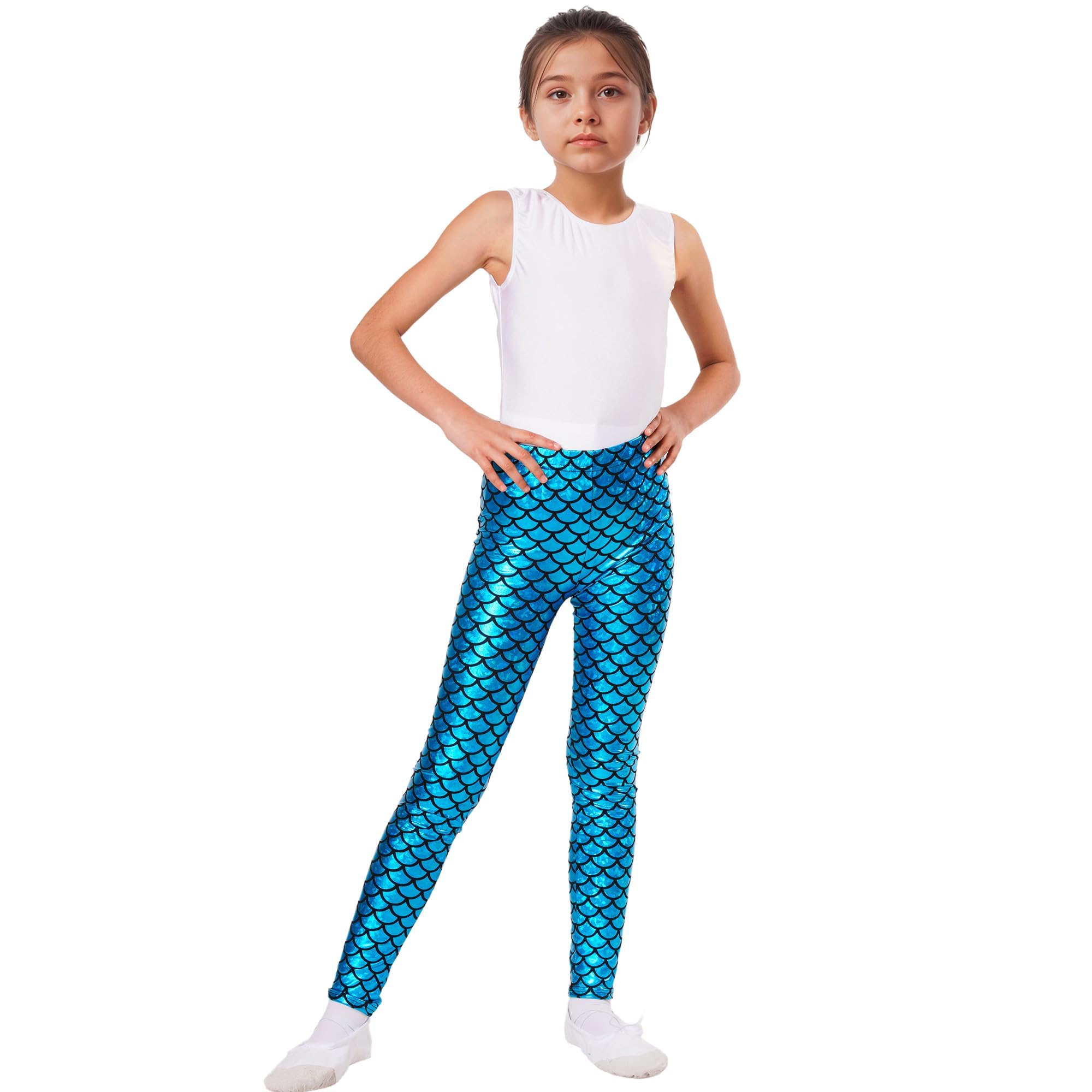 Wildarms Leggings per bambini con squame di pesce, pantaloni ispirati a sirena, per occasioni festive, Halloween, danza e Natale