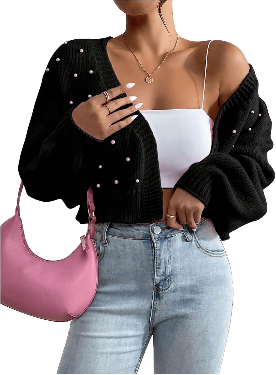 SHENHE Women's Pearl Beaded Open Front Cardigan Oversize V Neck Drop Shoulder Cropped Sweater - Image 4