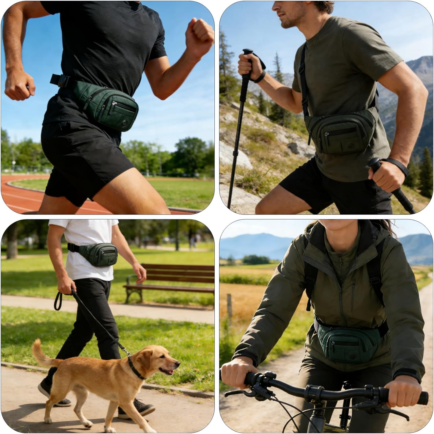 Large Fanny Pack for Men and Women, Crossbody Waist Bag with 4 Zipper Pockets Easy Carry Any Phone, Fashion Waist Pack with Adjustable Strap for Travelling, Hiking, Cycling, Running - Green thumbnail