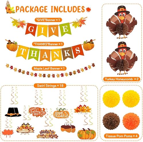 Miniatura 5 de Decoraciones de Acción de Gracias para interiores, el juego de decoraciones de fiesta de Acción de Gracias incluye 3 pancartas preencordadas, 18