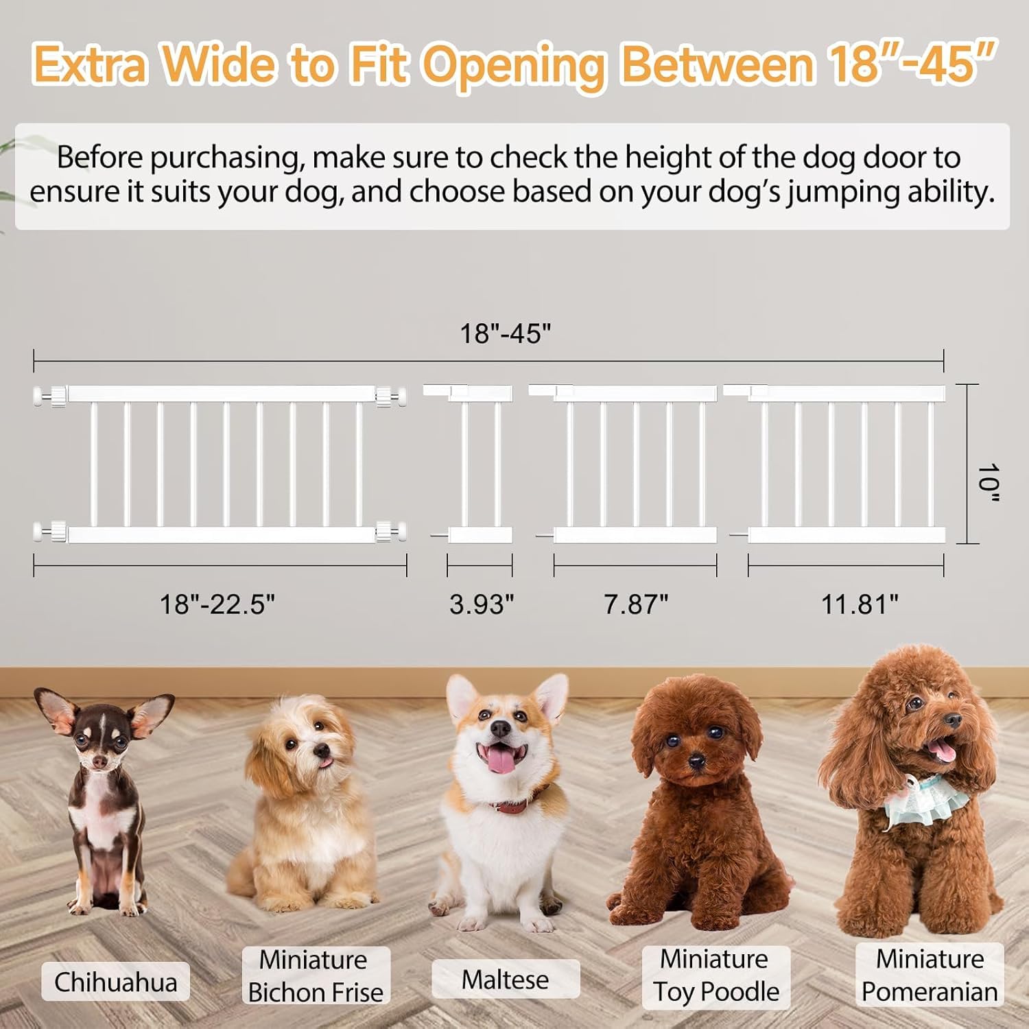 Fldofaves Dog Gate Indoor,18"-45" Extra Wide Metal Short Dog Gate to Step Over, 10" Tall Small Pet Gate with 3 Extension Kits - Image 2