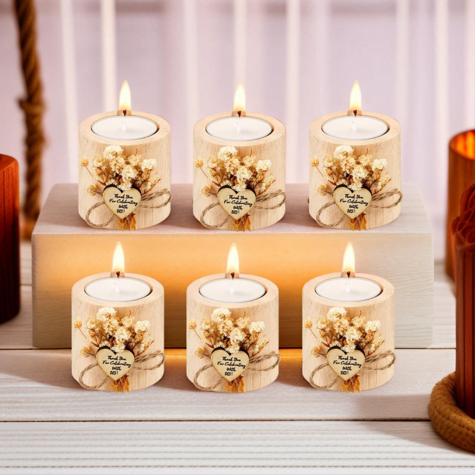 Personalisierte Kerzen, Hochzeitsgeschenke für Gäste, rustikales Holz-Teelichthalter-Set mit Namen und Datum, Dankeschön, Babyparty/Brautparty, Gastgeschenke für Gäste (50 Stück)