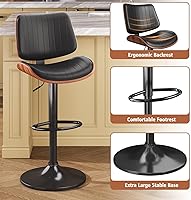 Vista 4 de Bar Stools Set of 3, Modern Bar Stools with Bentwood Back and Leather Seat, Barstools for Kitchen Counter, Bar, Black