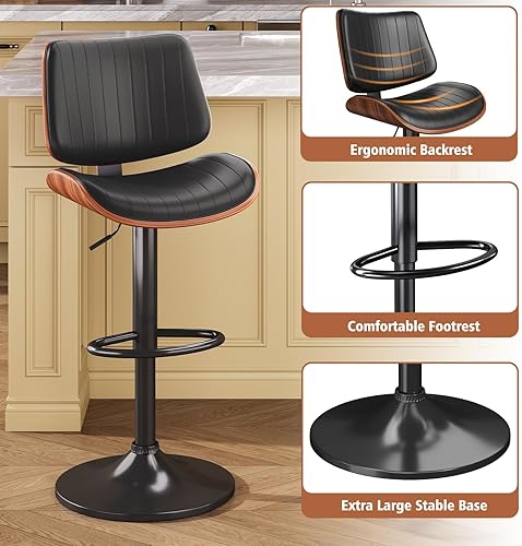 Miniatura 4 de Juego de 3 taburetes de bar modernos con respaldo de madera curvada y asiento de cuero, taburetes de bar para encimera de cocina, bar, negro