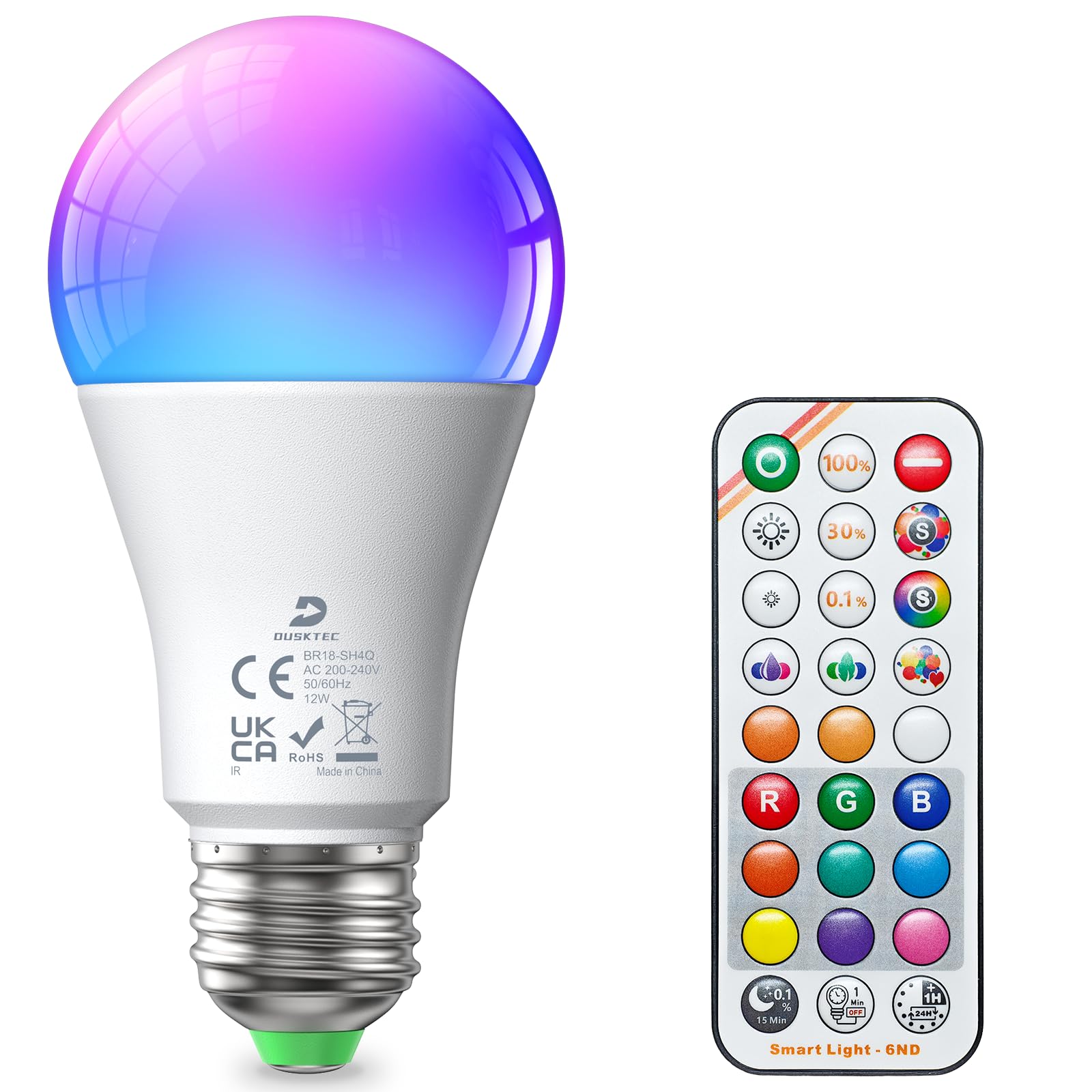DUSKTEC LED Colour Changing Light Bulb, E27 Screw Bulb with Remote Control, 12W 100 Watt Equivalent, 1300LM, 5 Dynamic Modes, 9 RGB Colors & 3CCT, Timer, Sleep Mode, No Flicker, Lightbulbs for Home
