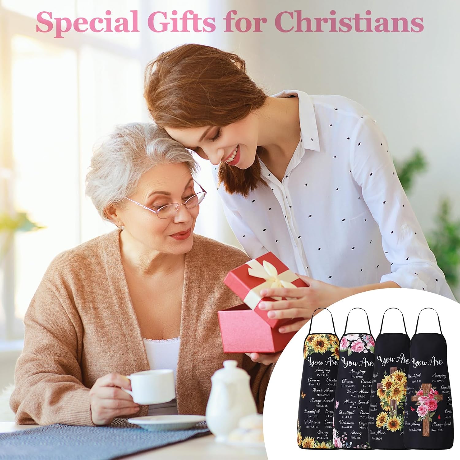 4 Pcs Christian Sunflower Aprons for Women Religious Aprons Bible Verse Apron First Communion Gifts for Women - Image 6