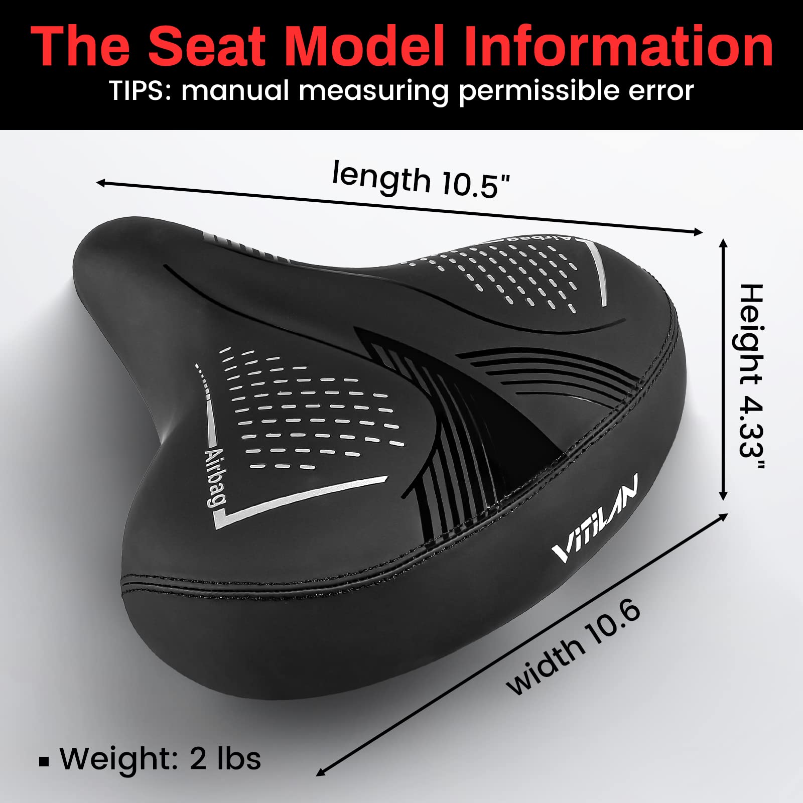 VITILAN Oversized Comfortable Bike Seat for Women & Men, High Resilience Soft Foam Sponge Bicycle Cushion, Waterproof Bicycle Seat, Dual Shock Absorbing Ball, Universal Fit for Cycling Bikes