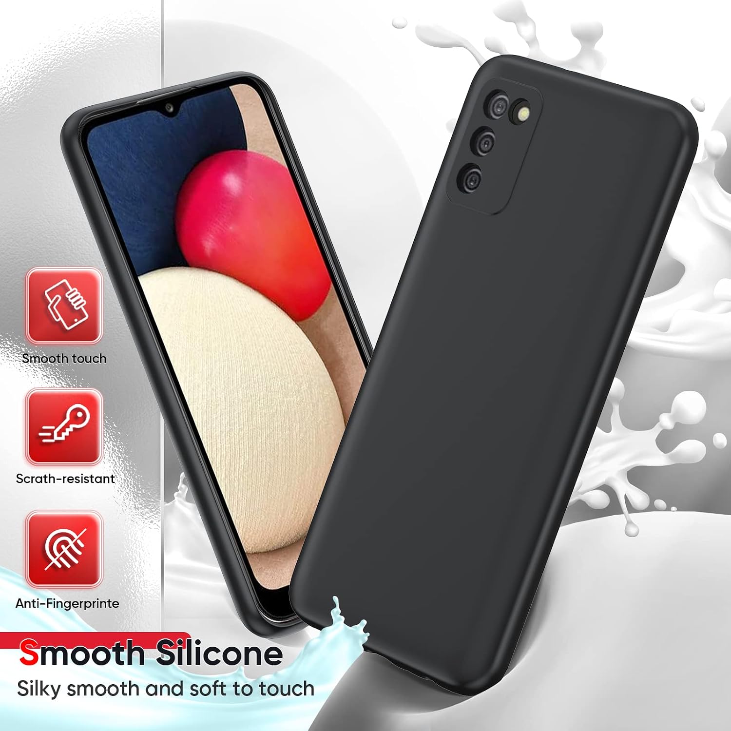 Samsung A02S Phone Case, Galaxy A02S Case with 2 Pack Tempered Glass Screen Protector for Women Men, LeYi Liquid Silicone Slim Gel Rubber Silky-Soft Phone Case Cover for A02S Samsung 5G, Black