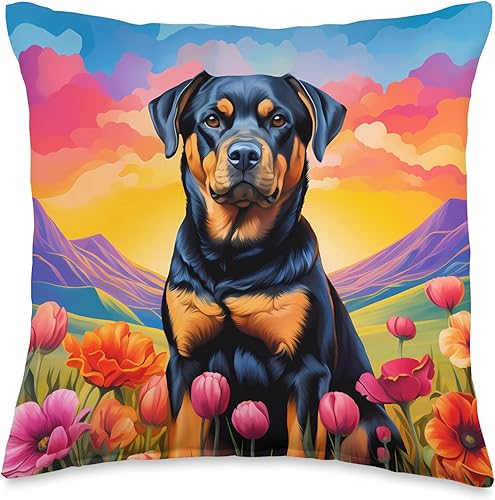 Rottweiler Gifts by J Cute Rottweiler - Almohada colorida con diseño de flores, montaña, puesta de sol, cachorro, 16 x 16 pulgadas, multicolor