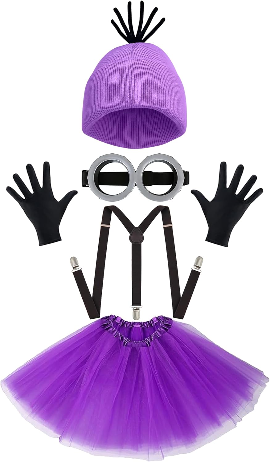 Halloween Costume Cosplay for Women Adult– Yellow or Purple Beanie, Tutu Dress, Goggles, Black Gloves & Suspenders