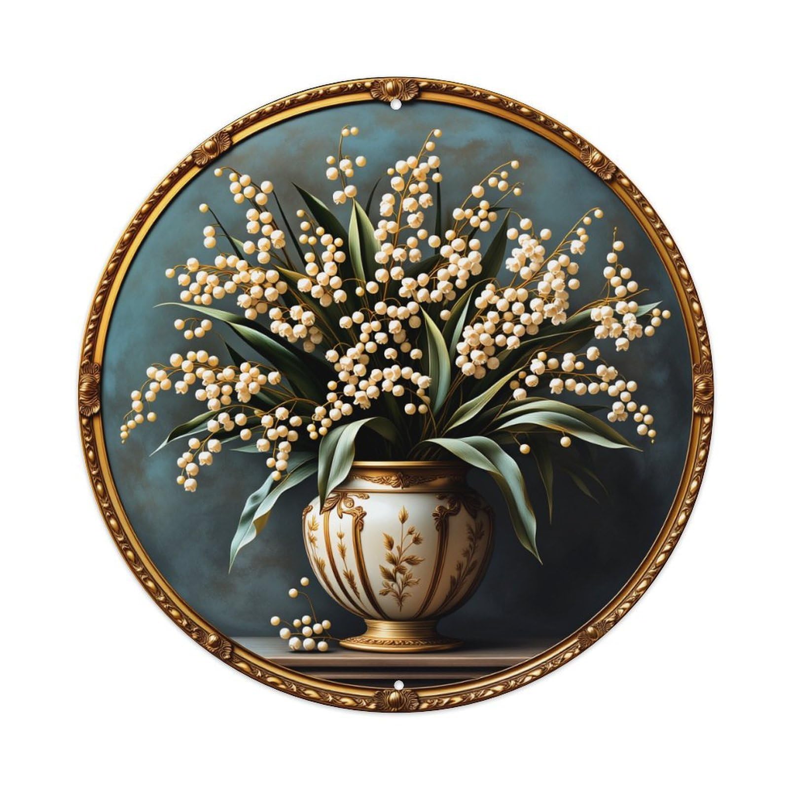 Floral Bouquet In Ornate Vase With Gold Art Round Vintage Tin Sign,Retro Wall Art,Metal Poster for Home, Bar, Garage, Cafe, Rustic Indoor & Outdoor Decor, 8x8 Inches