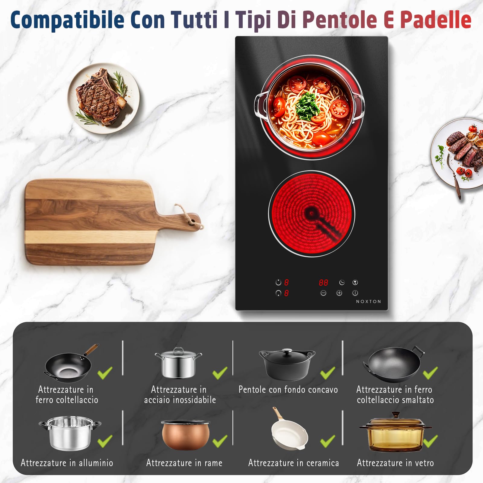 Piano Cottura Vetroceramica 2 Fuochi, 30cm Ceramica Cucina Incasso, 3000W | Piastra Elettrica, Toccare, Timer, Serratura di Sicurezza, Fornello Elettrico 2 Piastre per Maggior Pentola