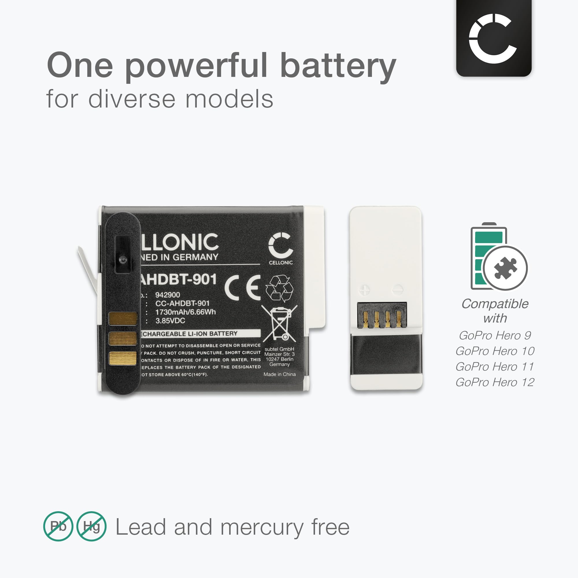 CELLONIC, Bateria do aparatu, kompatybilna z GoPro Hero 9/11, AHDBT-901, 12, czarna, 10 (3,85 V, 1730 mAh)