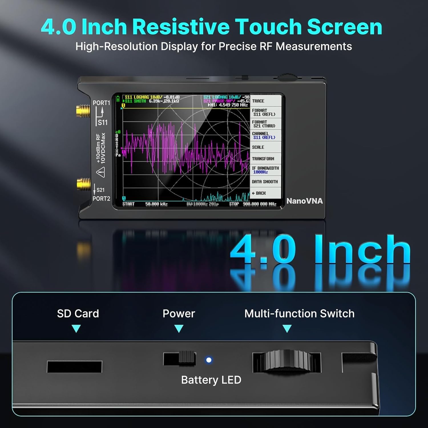 Aursinc Nanovna-H4 Vector Network Analyzer, ultimo V4.4 9KHz-1.5 GHz HF VHF UHF 4" Touch Screen Nanovna Analyzer Antenna Radio Ham, misurando i parametri di S, SWR, Fase, Delay, Smith Chart