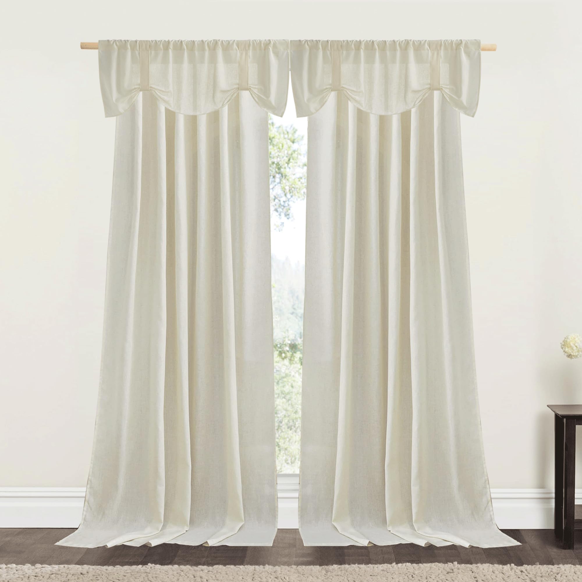 NICETOWN 2 Panels Rod Pocet & Back Tab 55" x 95" Linen Curtains with 4 Adjustable 52" x 18" Linen Kitchen Valances, Off White
