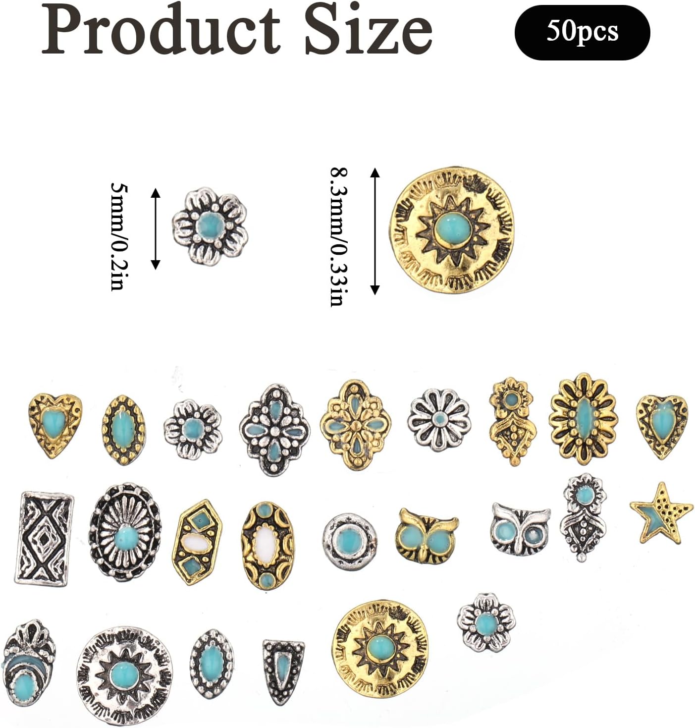 50PCS Western Nail Charms, 3D Turquoise Totem Gemstones for Nails, Bohemia Turquoise Nail Charms, Ethnic Style, DIY Nails Art Decorations