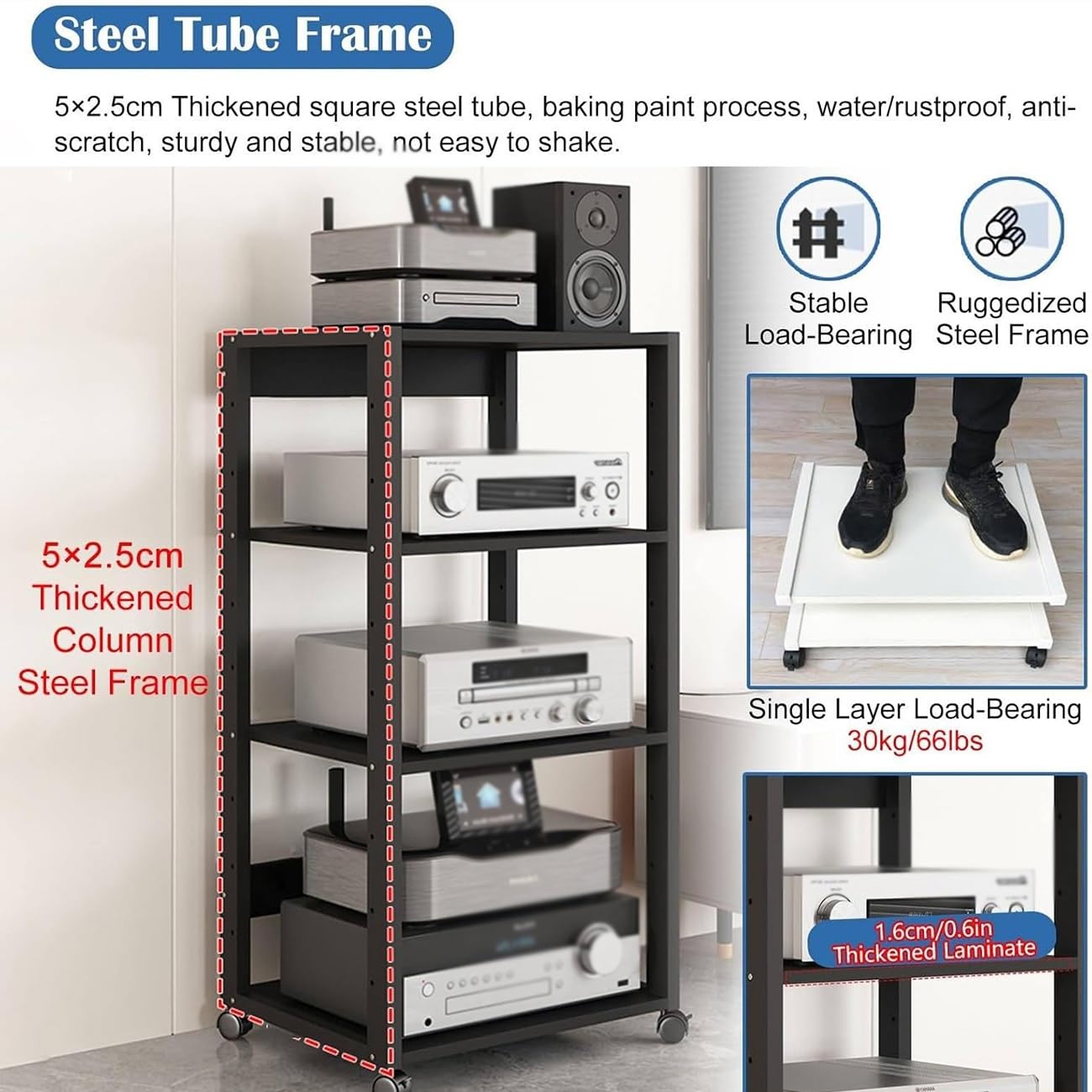 Rack Audio Mobile Con Ruote Universali,Carrello HiFi A 7 Ripiani | Supporto Multimediale AV Rack Altezza Regolabile,torre Porta DVD Multimediale Per Dispositivi Home Cinema(Nero)