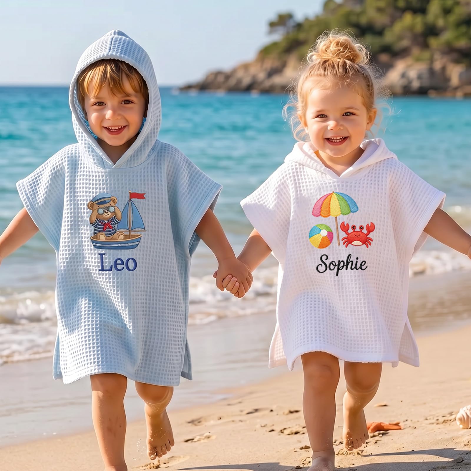 Personalisiertes Kapuzen-Strandtuch für Kinder, mit Motiv & Namen, trocknet schnell, sandfrei, 100% Baumwollwaffel, für Strand/Pool/Bad, Babyparty/Geburtstag, Sommergeschenk für Jungs & Mädchen