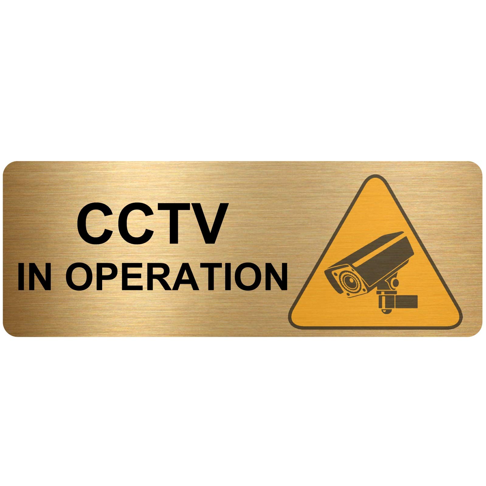 METAL Aluminium CCTV In Operation Sign 200x75mm Brushed GOLD with Image Warning Safety Security Camera Door Notice School Office Restaurant MR12
